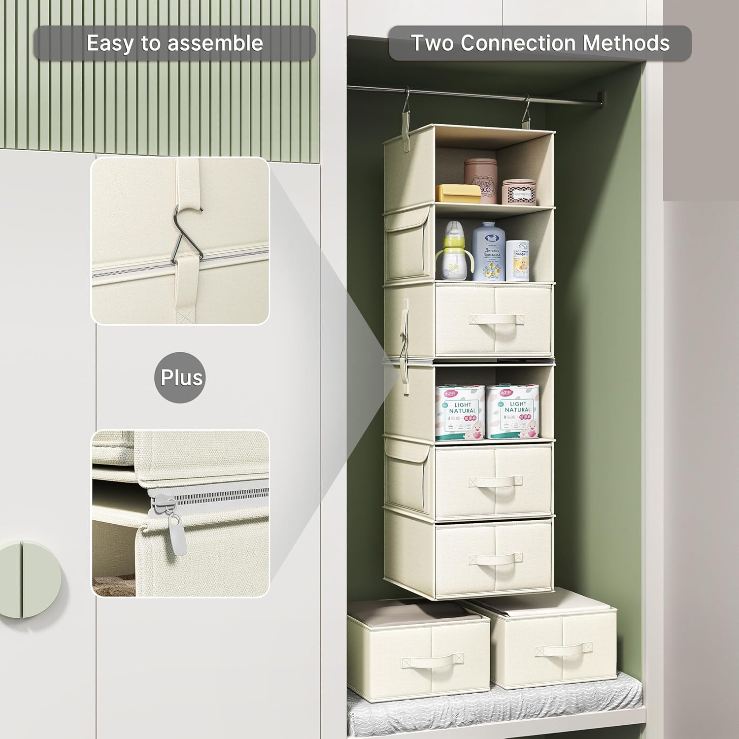Vailando 6-Shelf Closet Organizer - Versatile Hanging Storage with 3 Drawers & 2 Separable Units | Beige