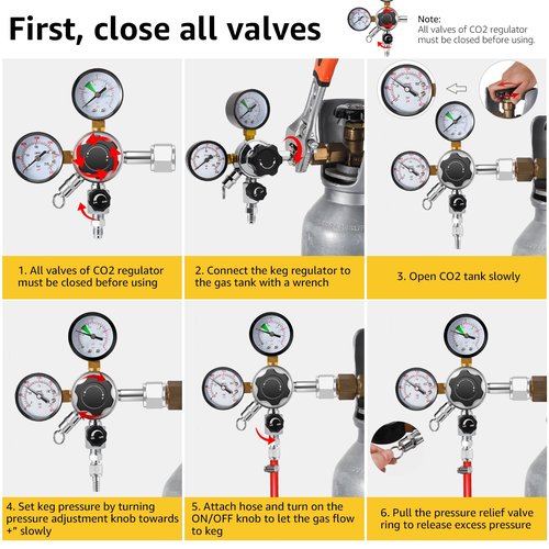 MRbrew Beer Keg Regulator 0-120 PSI CO2 Regulator, Quick Disconnect CO2 Kegerator Regulator, Beer Regulator with Safety Pressure Relief Valve, Gas Regulator with 2 Swivel Nut & 1/4’’ & 5/16’’ Barb