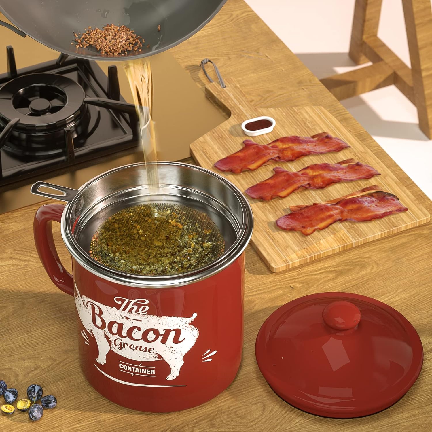 Skiennix Black Meat Chopper - 46oz Red Bacon Grease Container for Easy Cooking Cleanup