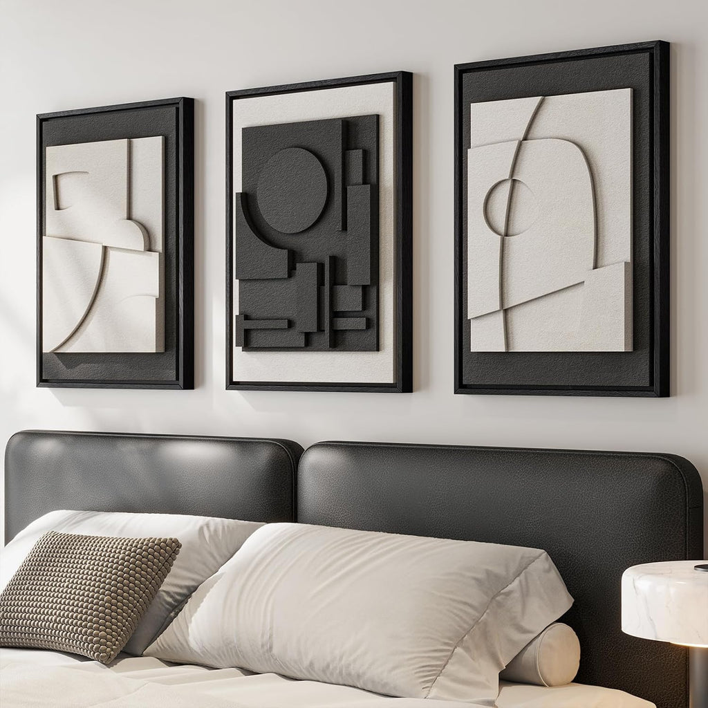 Skiennix 3D Textured Black & White Abstract Wall Art - Modern Minimalist Paintings | 16x24 In, 3 Piece Set