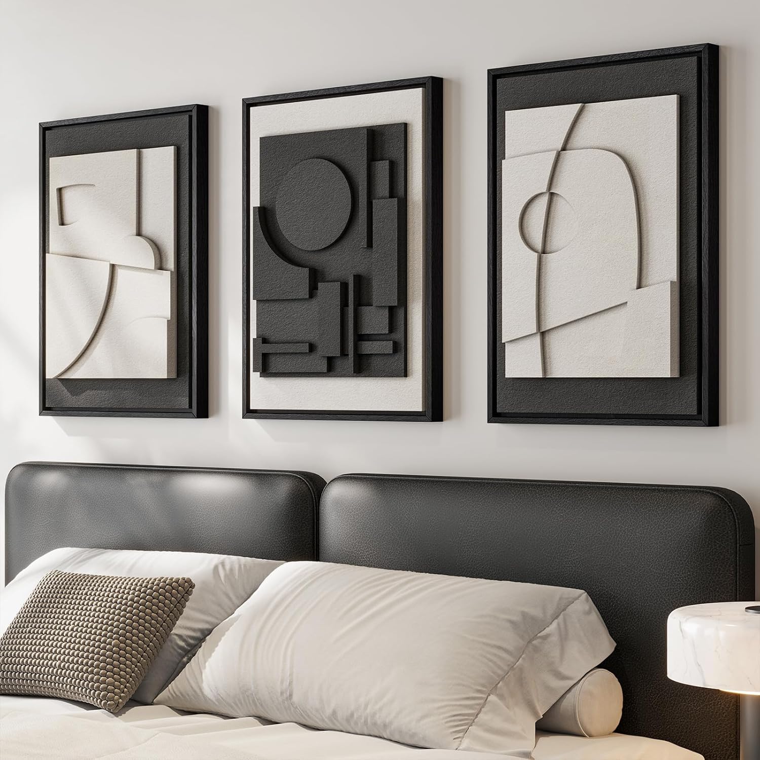 Skiennix 3D Textured Black & White Abstract Wall Art - Modern Minimalist Paintings | 16x24 In, 3 Piece Set