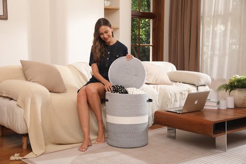 Extra Large Cotton Rope Storage Basket with Lid and Zipper, Versatile Laundry Hamper and Cloth Bin for Clothes, Towels, Blankets, Living Room Organization (Dual Grey, 16"x20")