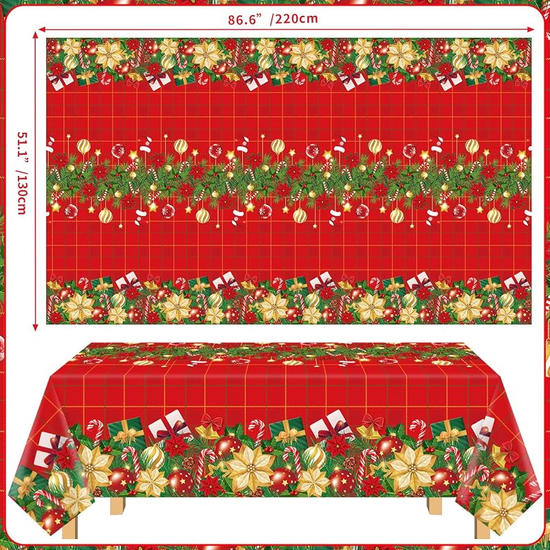 4 Pcs Christmas Poinsettia Plaid Tablecloth 51 x 86 inches - Red Holiday Plastic Table Cover (Variation of THIS listing: 1)