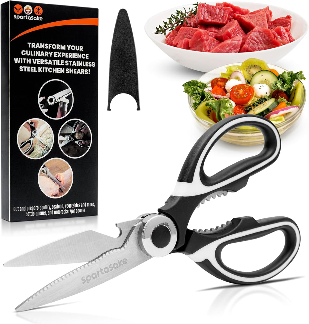 SpartaSake Premium Kitchen Shears - Heavy Duty Stainless Steel Scissors for Meat & Vegetables | Black-White