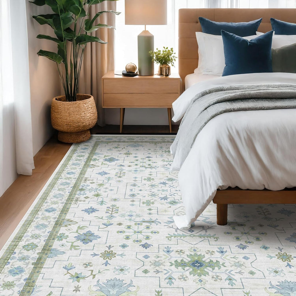 Regine Switzerland Large 8x12 Area Rug - Washable Non-Skid Geometric Floral Design in Cream Green