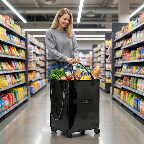 Reusable Grocery Bag on Wheels, Extended Handle Zipper Cover Foldable Rolling Tote, Large Shopping Trolley, Lightweight Storage Bag, Black
