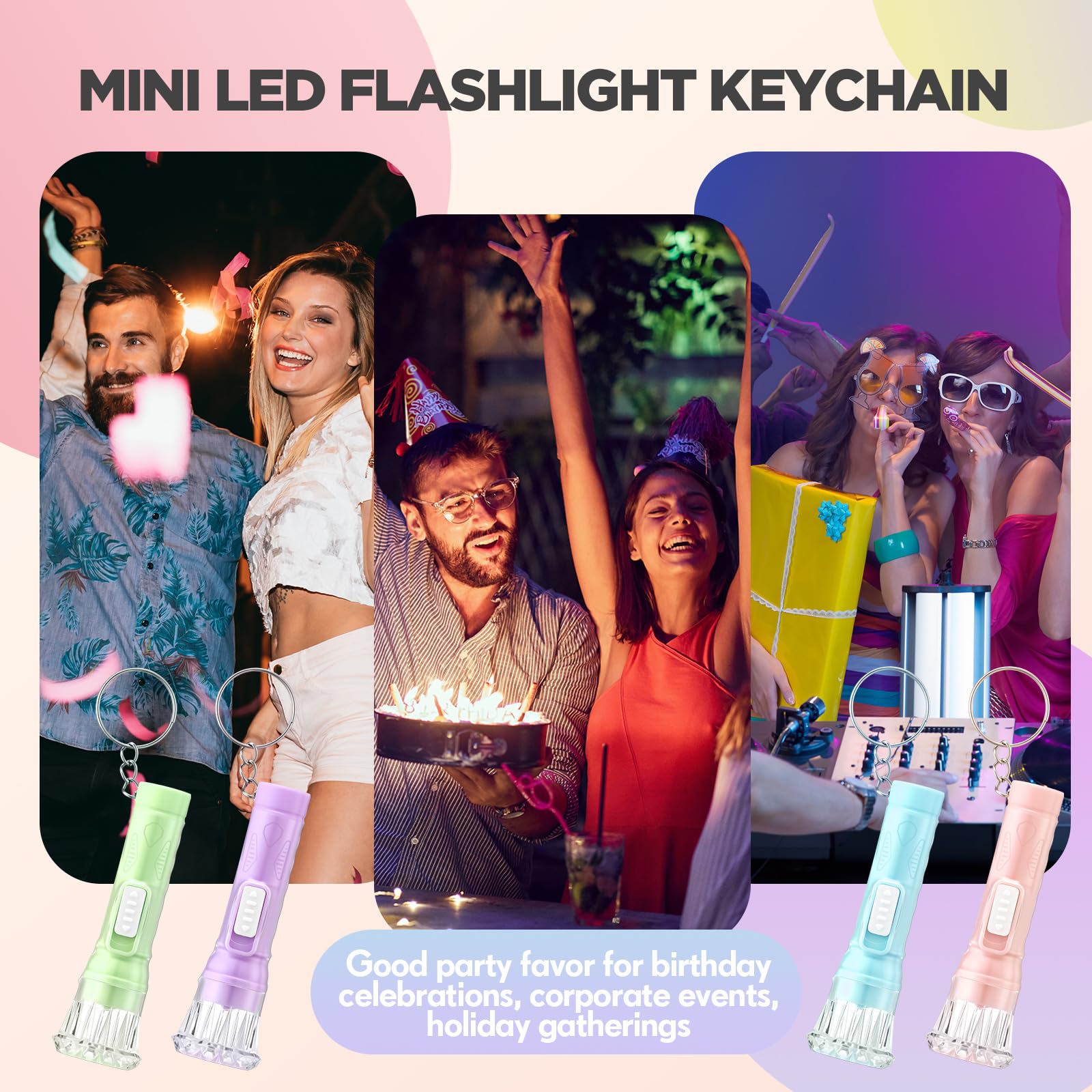Jexine 50 Pcs Mini Flashlight Keychains Bulk with Lanyard Portable Small Plastic LED Key Chains Flashlights for Night Reading Emergency Hurricane Camping Hiking Party Favors(Pastel Color,Simple)