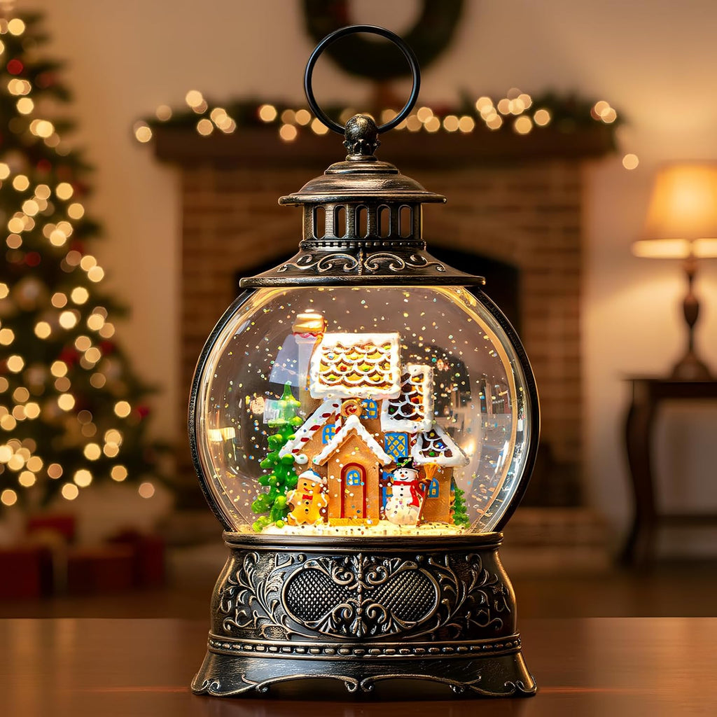 Regine Switzerland Christmas Snow Globe - Gingerbread Man & Snowman Water Lantern with Music & Timer | USB/Battery Operated Holiday Decor