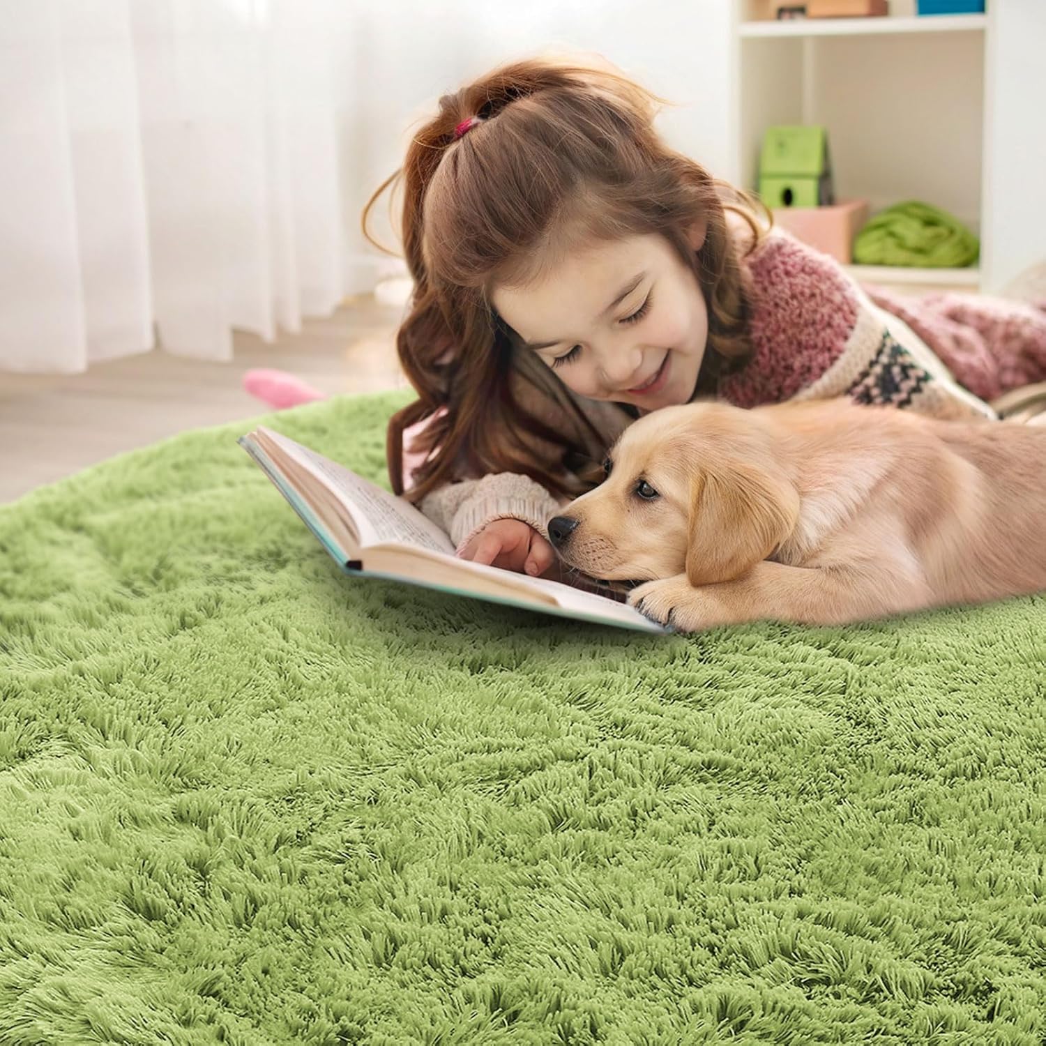 OLANLY Round Grass Green Area Rug - Soft, Fluffy, Machine Washable 7 ft Circle Carpet for Bedrooms & Nurseries