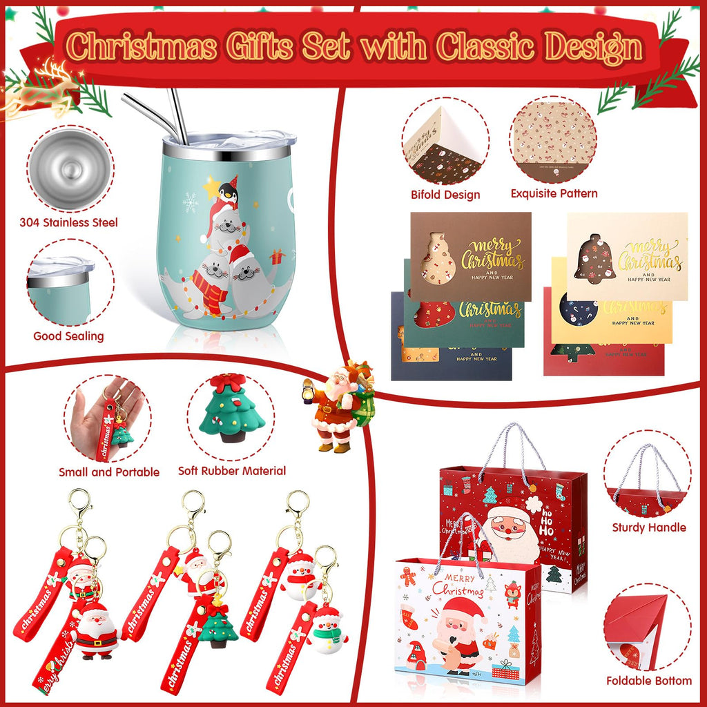 Skylety 24 Pcs Christmas Gifts Bulk for Coworker Employee Women Men 6 Sets with 12oz Christmas Wine Tumblers Keychains Greeting Cards and Gift Bags for Xmas New Year Party Favors(Classic)