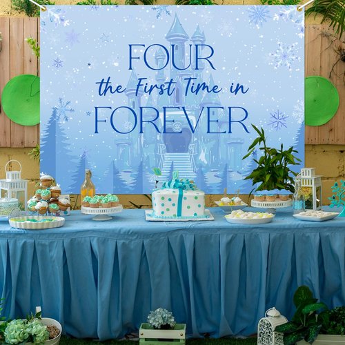 Frozen Four The First Time in Forever Birthday Backdrop Frozen 4th Birthday Party Decorations Kids 4th Birthday Party Photo Background, 7 * 5Ft