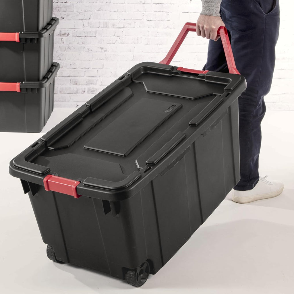 YHNNH Heavy-Duty Industrial Storage Tote - 40 Gallon Black Container with Wheels & Latches | Set of 2