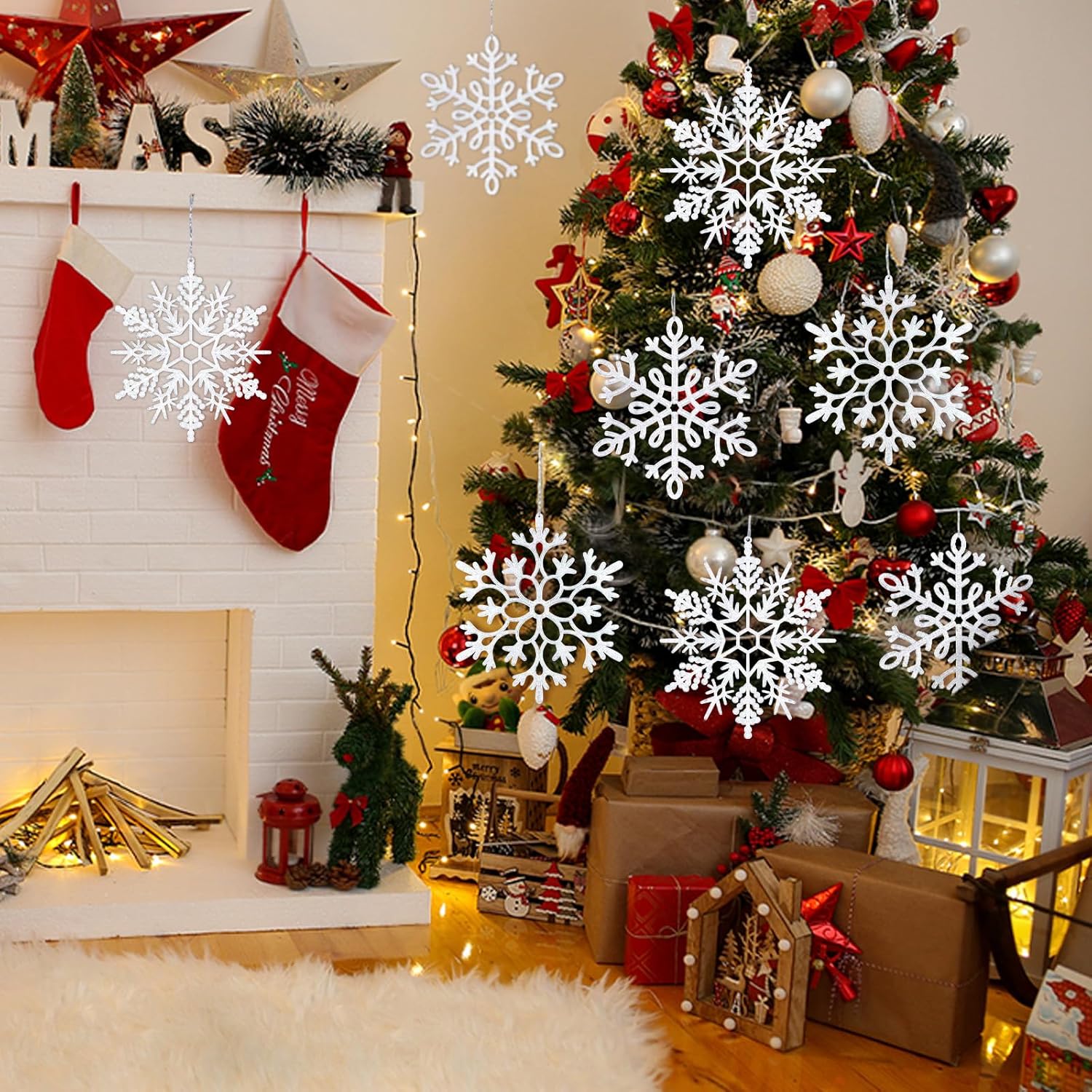 Skiennix 8Pcs Large White Snowflake Ornaments - 12'' Plastic Hanging Decorations for Winter Holiday Decor