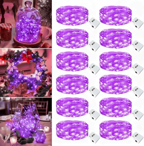 Fairy Lights 12 Pack - 7ft 20 LED Battery Operated Twinkle Lights | Waterproof Purple for Halloween & Holiday Decor