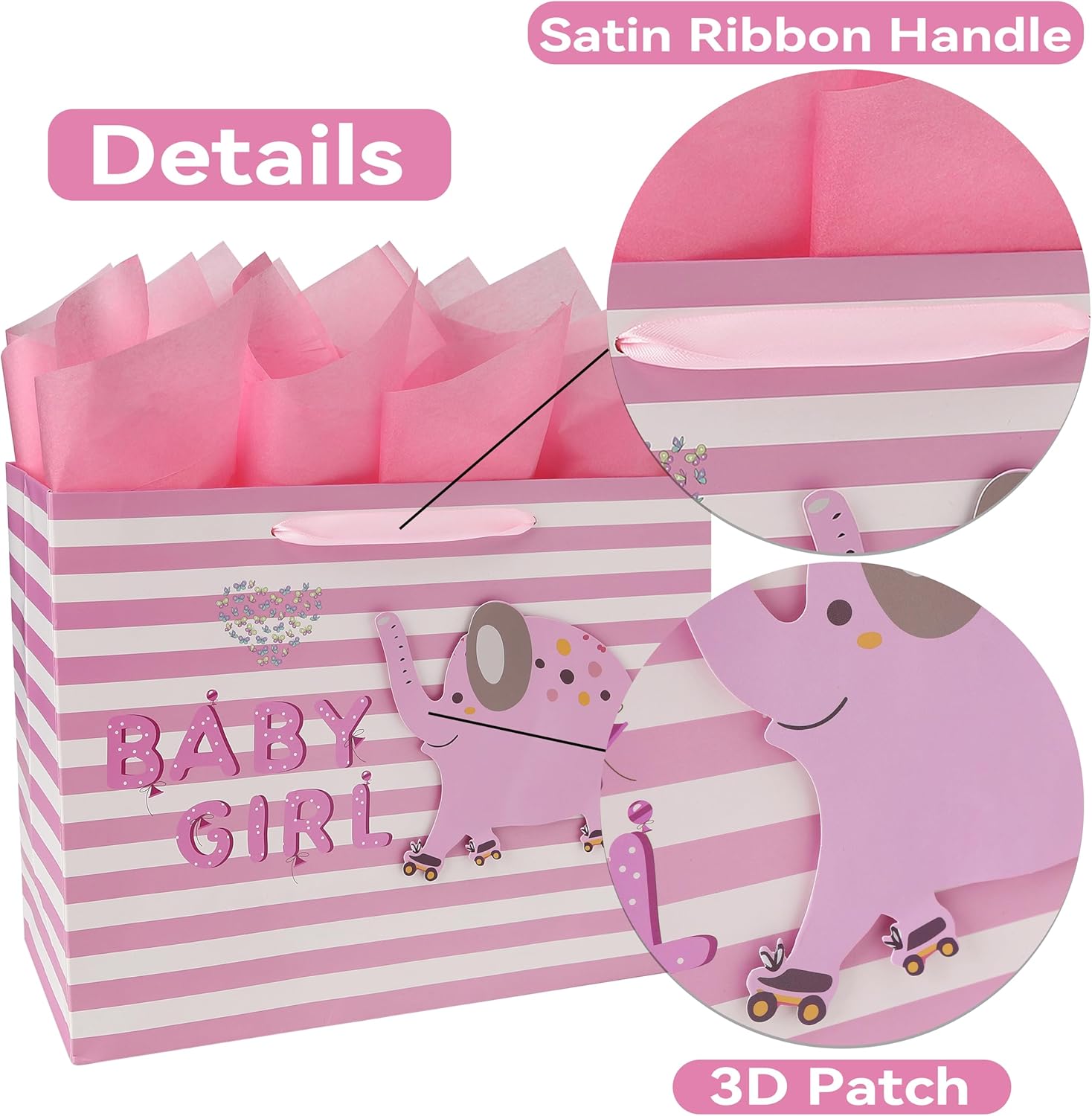 Wishinside 13" Large Pink Gift Bag Set - 3D Elephant Design with Greeting Card & Tissue Paper | Perfect for Baby Showers & Kids' Birthdays