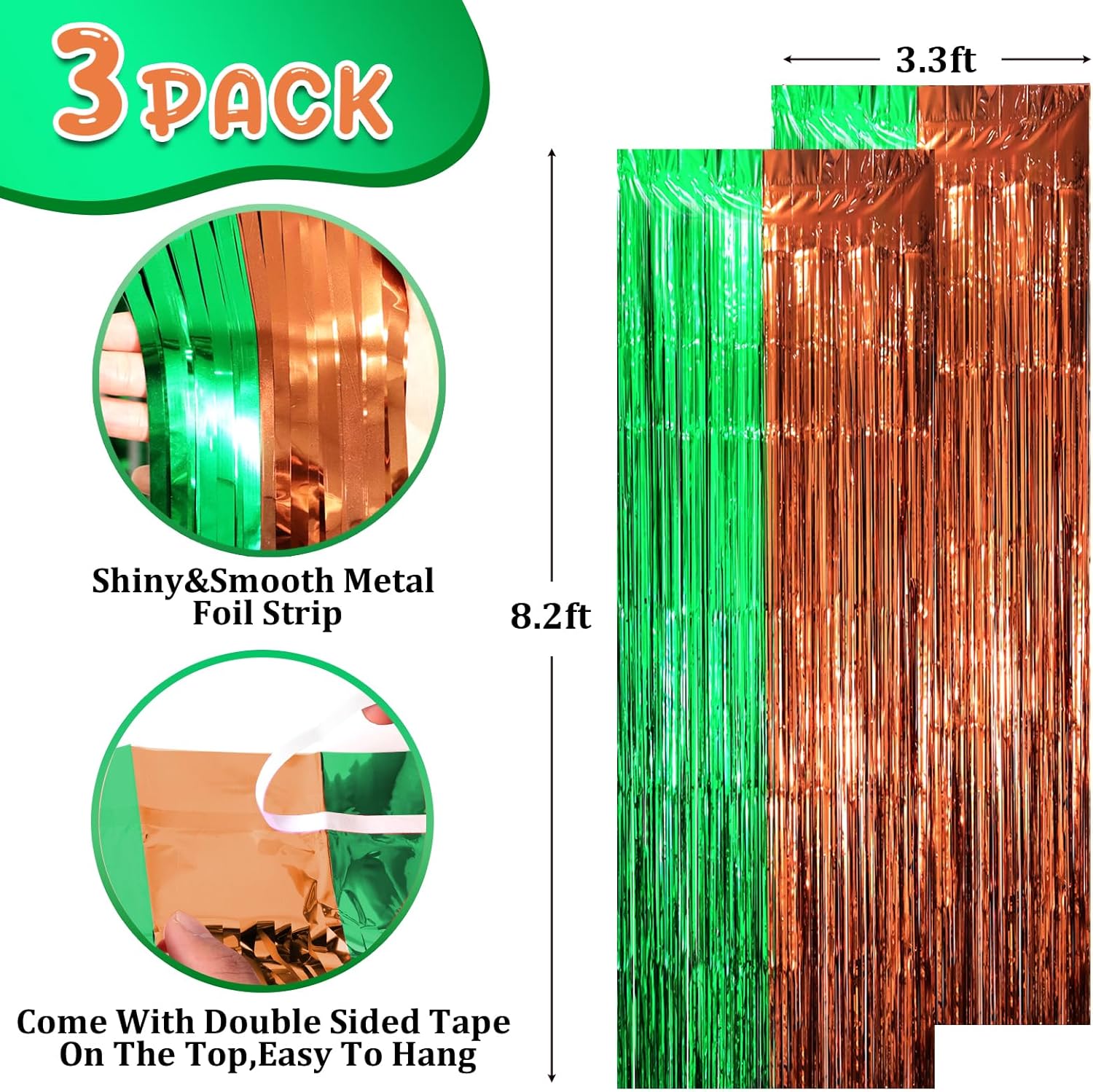 Voircoloria Foil Fringe Backdrop Curtains - 3 Pack Green & Brown Tinsel Streamers for Parties | 3.3 x 8.2 ft