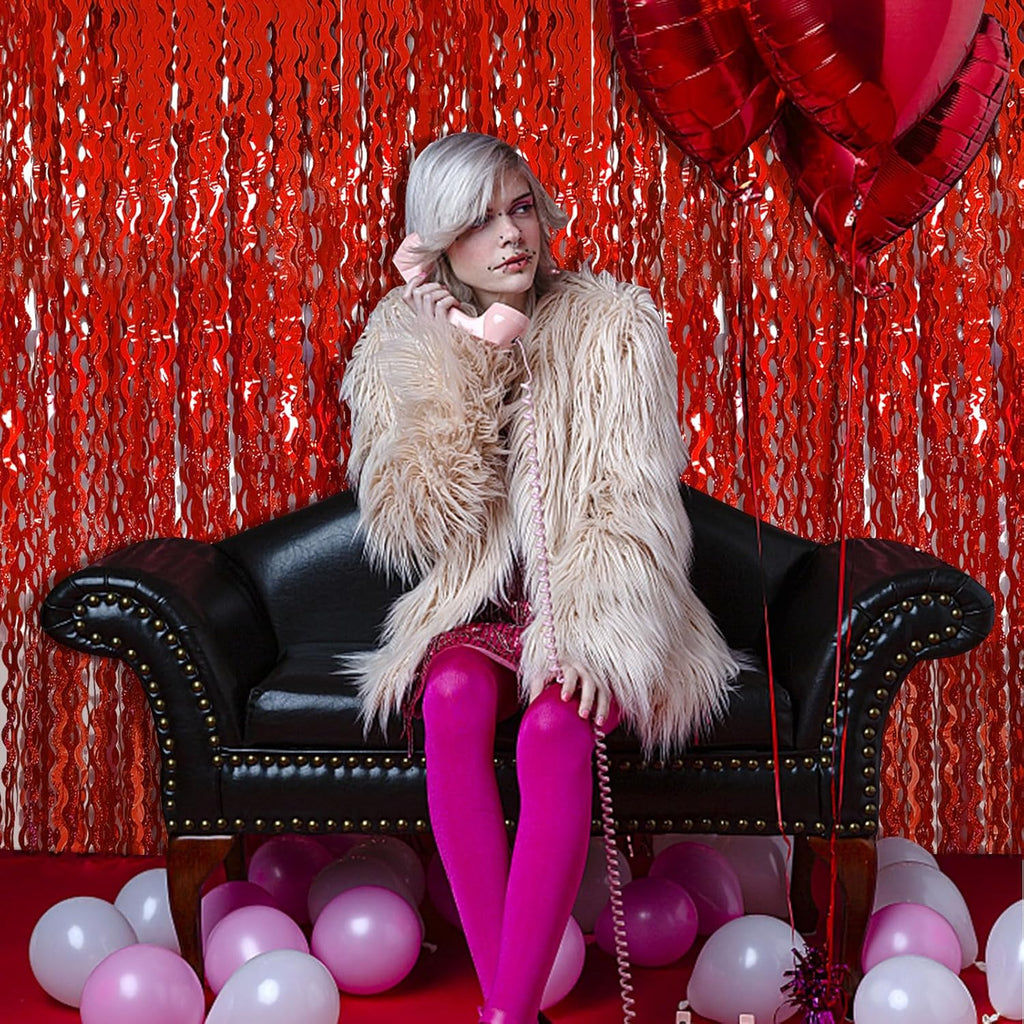 Red Tinsel Foil Fringe Curtains - Sparkling Wavy Backdrop for Parties & Events | Photo Booth Decor
