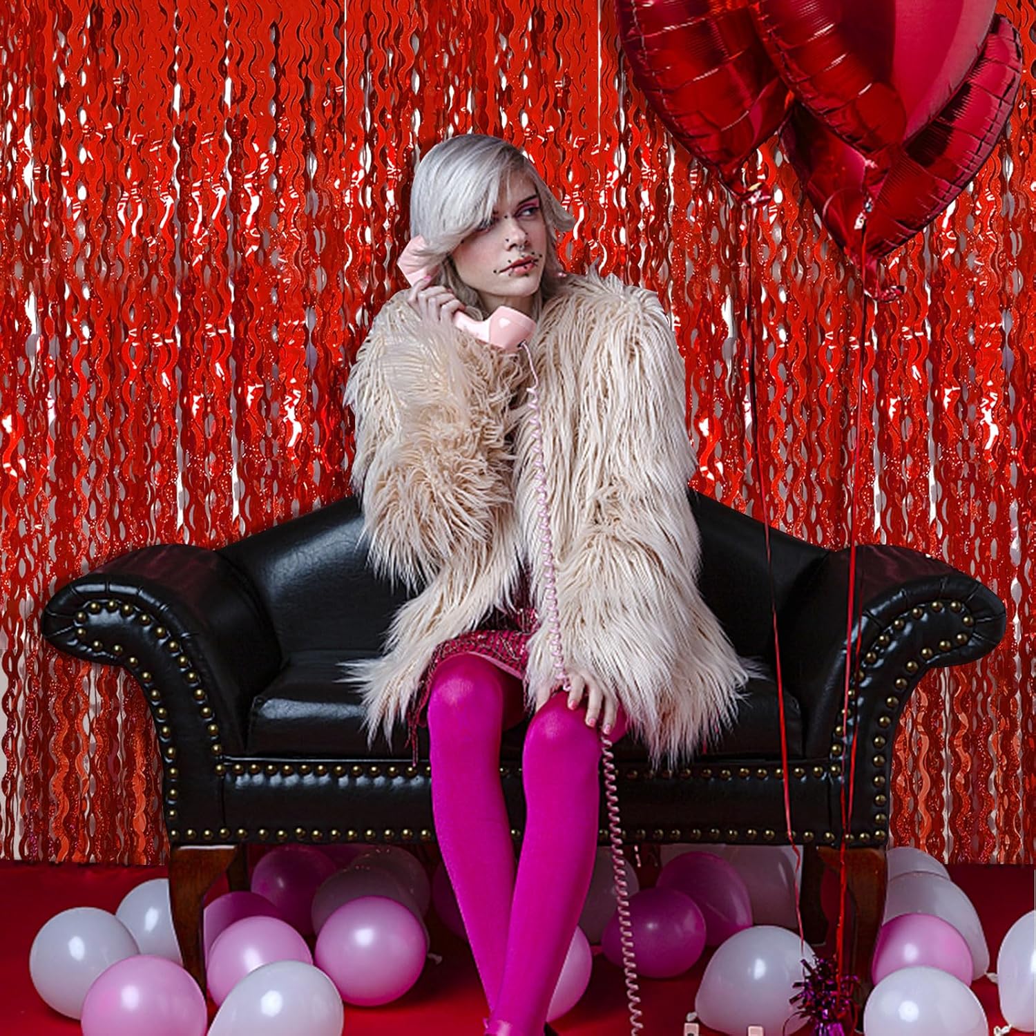 Red Tinsel Foil Fringe Curtains - Sparkling Wavy Backdrop for Parties & Events | Photo Booth Decor