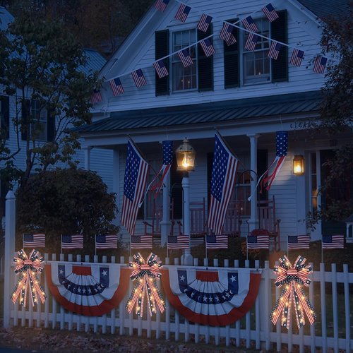 LED 4th of July Bows - Patriotic Burlap Bow with American Flags & Lights | Perfect for Wreaths & Front Door Decor