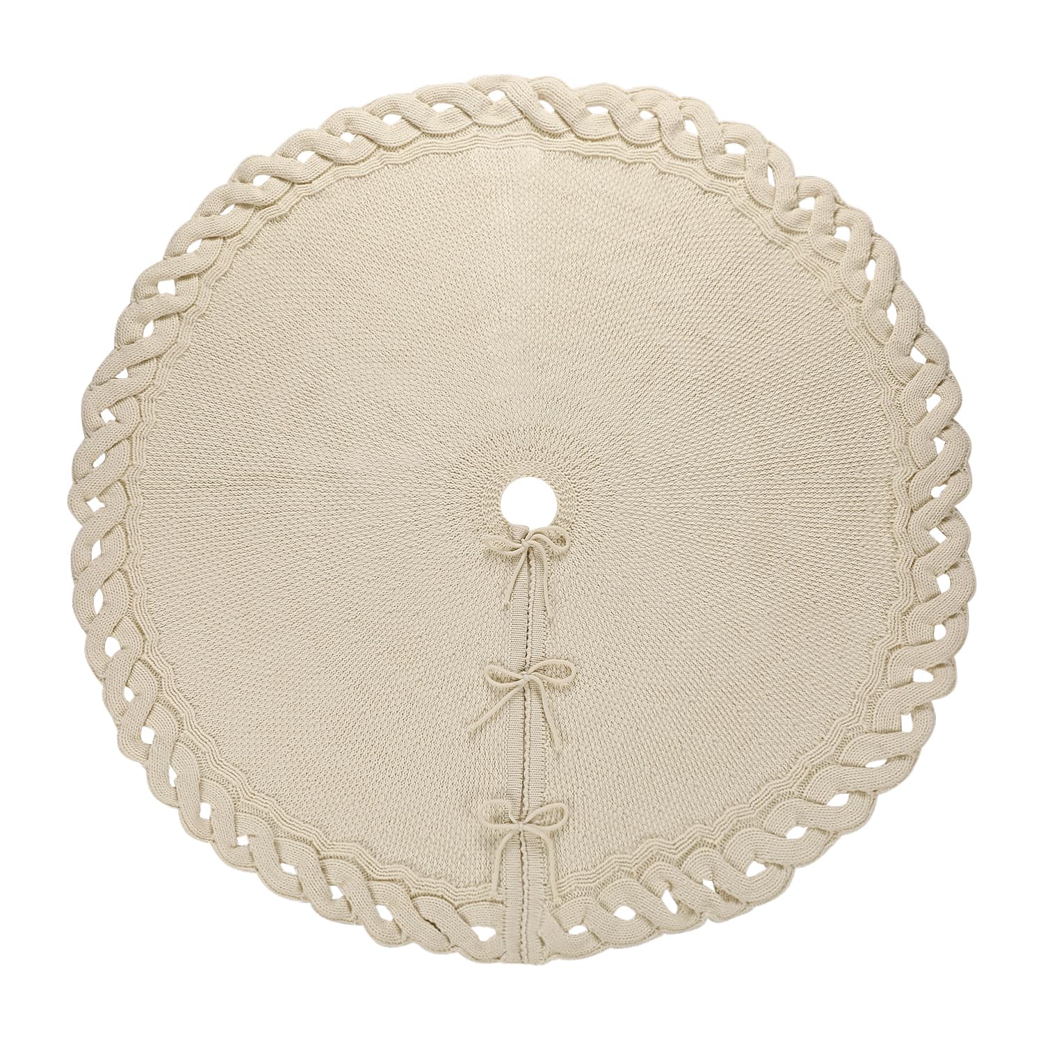 Sattiyrch Knit Christmas Tree Skirt – Classic Cable Knit Tree Base Wrap with Tie Closure – Cozy Holiday Décor for 7–9 ft Christmas Tree (Beige,48in)