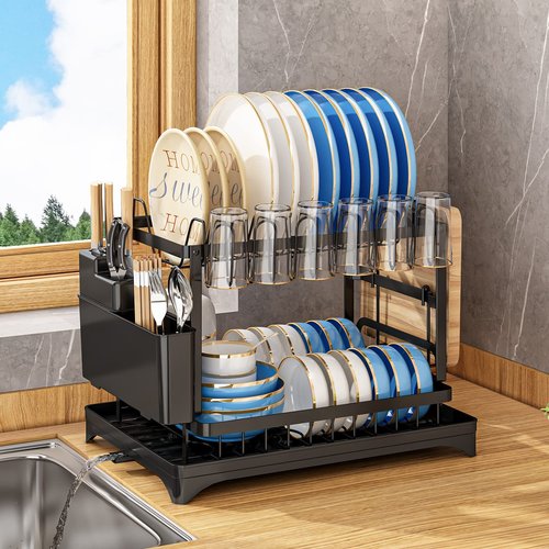 AIDERLY Dish Drying Rack for Kitchen Counter 2 Tier Iron Dish Drainer with Removable Cutlery Basket, Black