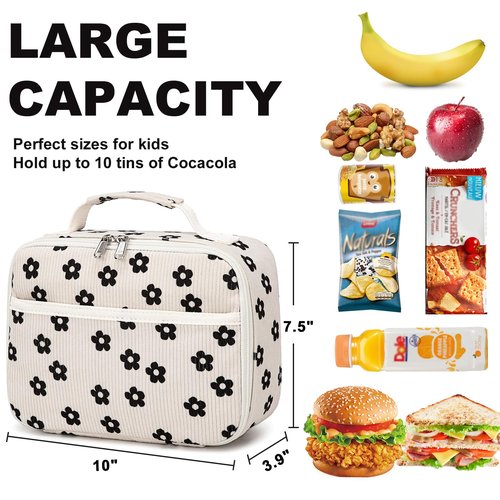 Bluboon Kids Girls Lunch Bag Insulated Lunch Box for school Corduroy Lunch Cooler Organizer School Kids Lunch Tote (Corduroy Beige Floral)