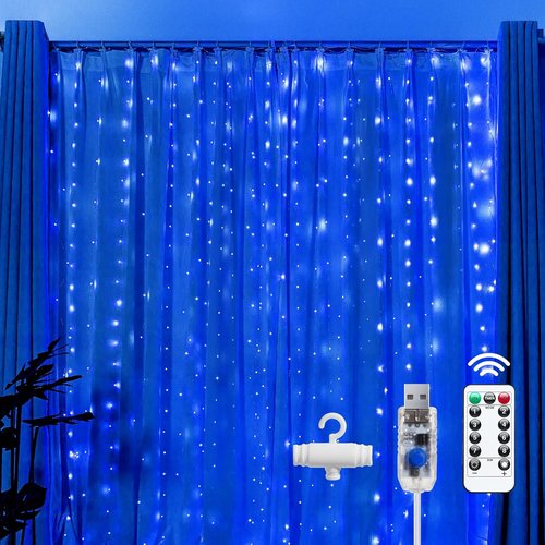 Brightown 300 LED Blue Fairy Curtain Lights - 9.8ft x 9.8ft String Lights with Remote & 8 Modes for Indoor/Outdoor Decor