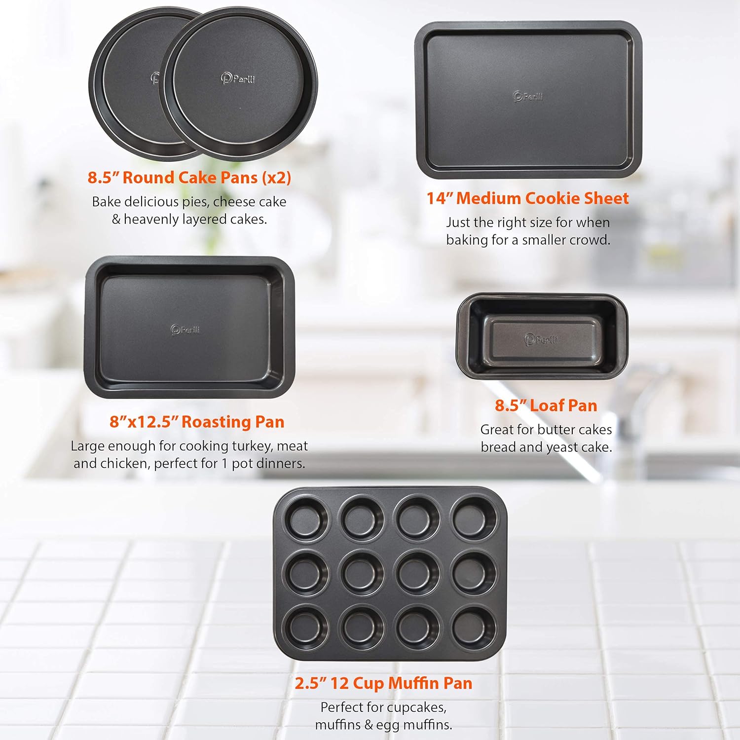 PERLLI Non-Stick Bakeware Set - 6-Piece Carbon Steel for Even Heat Distribution, Oven Safe to 446°F - Gray