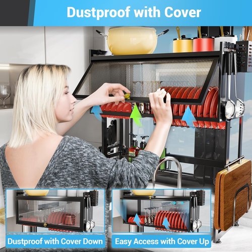 AIZOE Over The Sink Dish Drainer Drying Rack, 37.4 inch, Kitchen Supplies for Kitchen Counter Multiple Dishes Flatware & Utensil Holder, Black