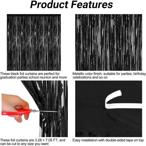 2026 Graduation Party Decorations - Skiennix Black Backdrop & Metallic Fringe Curtains | 3.28 FT x 7.05 FT