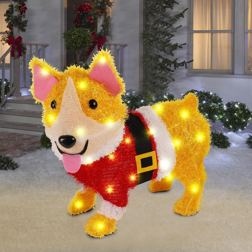 WATERGLIDE 17-Inch Lighted Christmas Dog Decoration - Pre-Lit 3D Tinsel Puppy for Indoor/Outdoor Holiday Display
