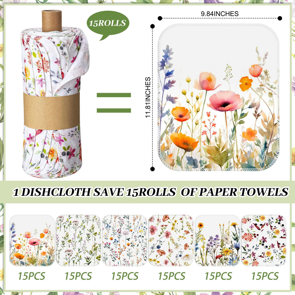 Noveread 90 Pack Reusable Cleaning Cloths Washable Cotton Kitchen Dish Towels for Home Party Supplies Bulk, 9.84x11.81in (Wildflowers)