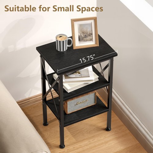 VECELO End Table, 24" Tall Living Room Side Tables, X-Design Reinforced Bedside Table, Nightstands with 3-Tier Storage Shelves for Small Spaces, Office, Bathroom, Bedroom, Classic Black, 1 Pack