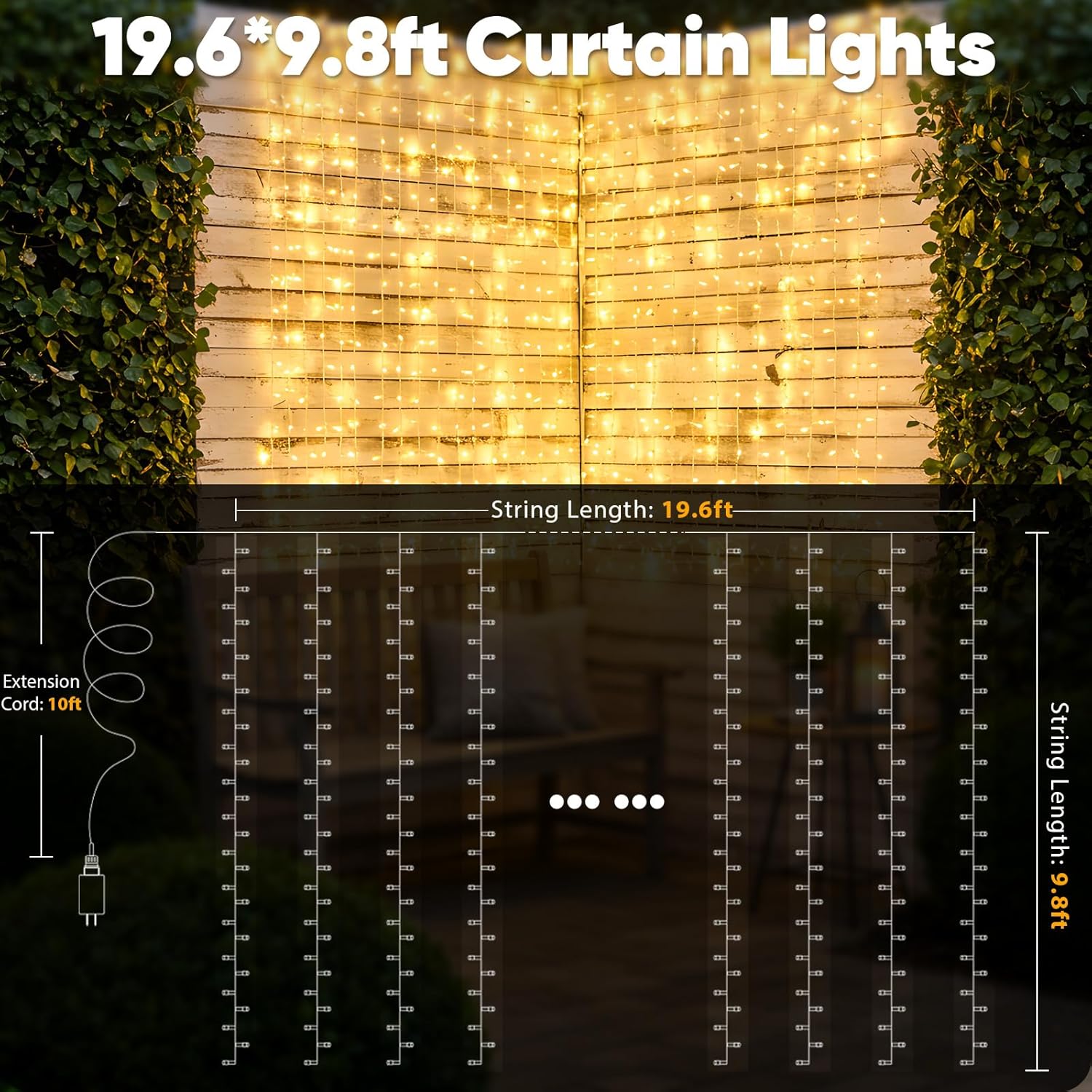 Suddus 600 LED Christmas Curtain Lights - 9.8x19.6ft Outdoor Wall Hanging Lights with Remote | Warm White Decor for Weddings, Parties, and Holidays