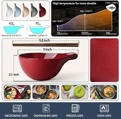 Artena Ramen Bowl Set - 42oz Ceramic Noodle Bowl with Chopsticks | Large Deep Soup & Salad Bowl in Red