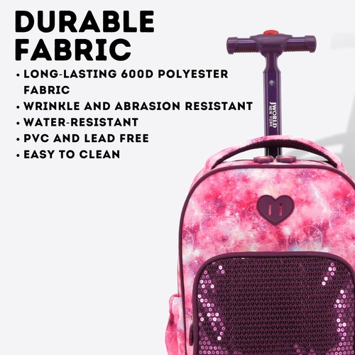 J World New York Sparkle Kids Rolling Backpack. Carry-On Luggage with Wheels, Purple Galaxy