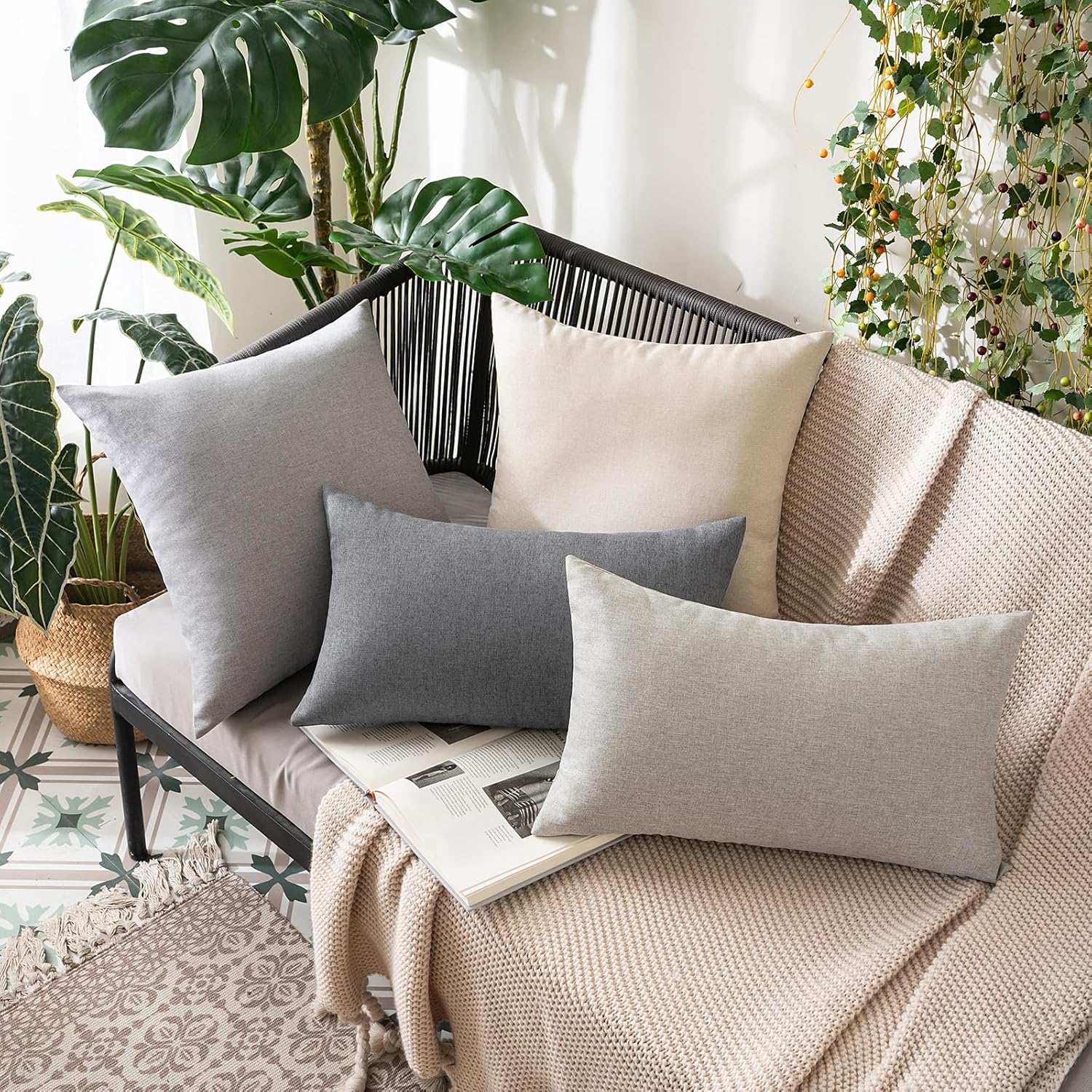 MIULEE Decorative Outdoor Throw Pillow Covers - Waterproof Faux Linen Cushion Cases | 22x22 Inch Light Grey - Set of 2