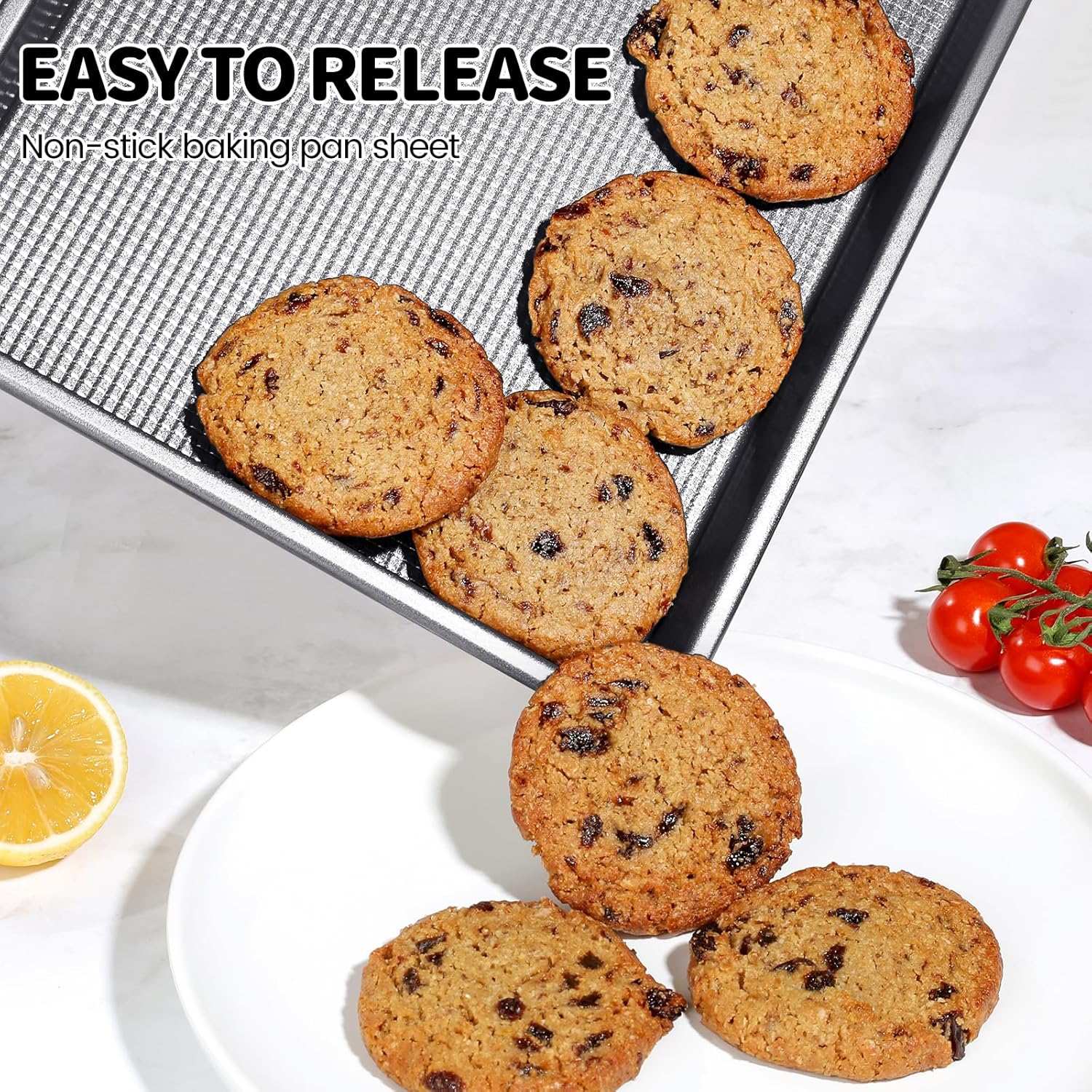 Vinino Baking Sheet Set of 3 - Non-Stick Carbon Steel Cookie Sheets with Square Texture - Grey