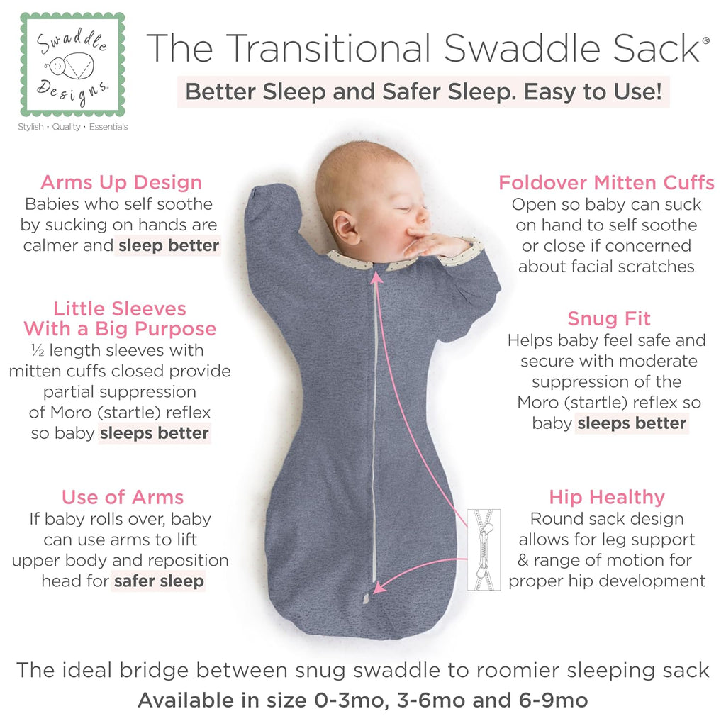 SwaddleDesigns Transitional Swaddle Sack - Arms Up Half-Length Sleeves & Mitten Cuffs | Medium 3-6 Months, 14-21 lb, Heathered Denim