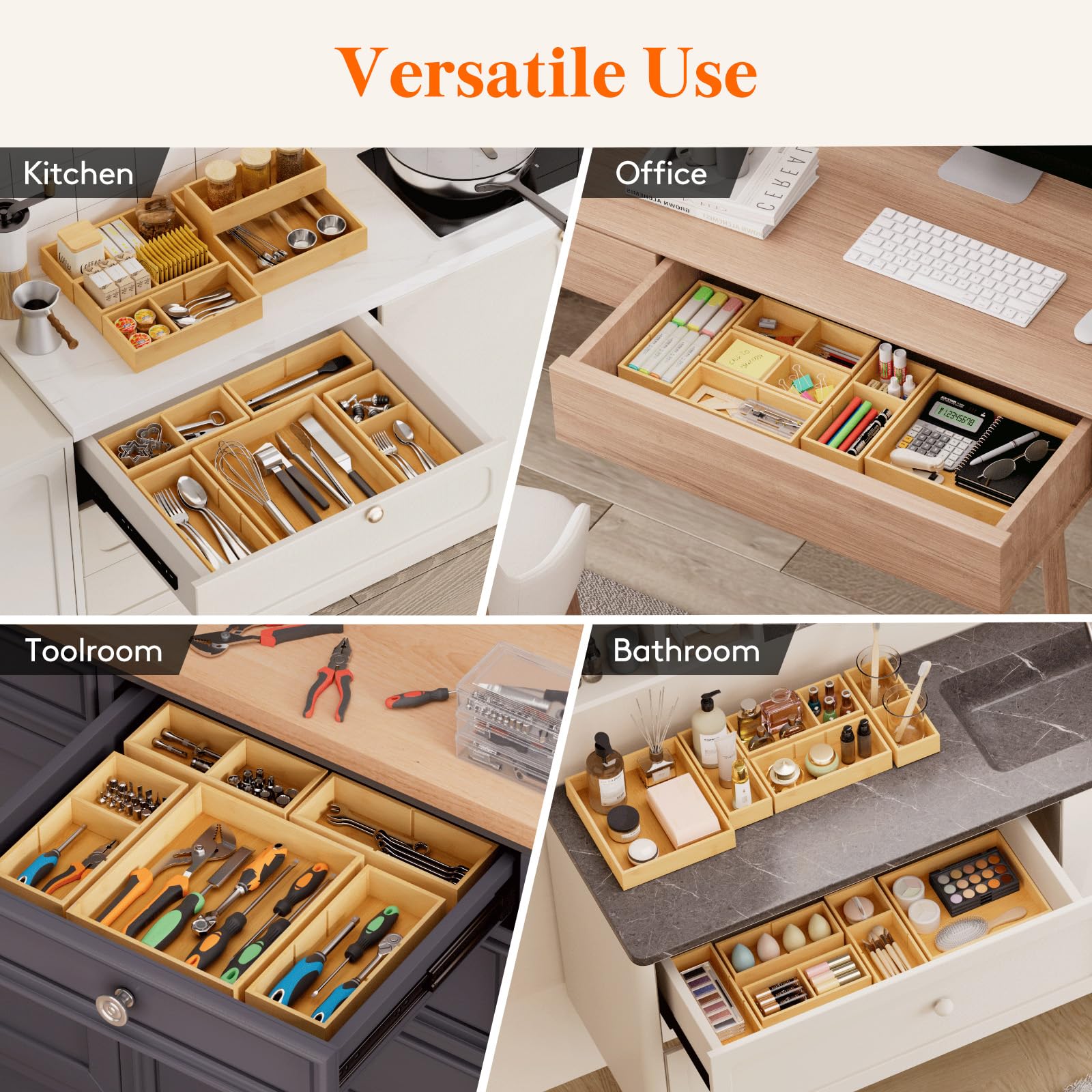 Lifewit Drawer Organizers 10 Pack(22 Grid) with 12 Inserts, Adjustable Bamboo Wooden Drawer Dividers, Stackable Storage Box for Utensils, Silverware, Makeup, Junk in Kitchen/Bathroom/Office/Vanity