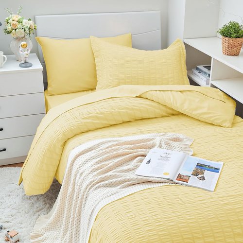 HYMOKEGE Twin XL Comforter Set - All Season Luxury 5-Piece Bedding Set in Yellow Seersucker