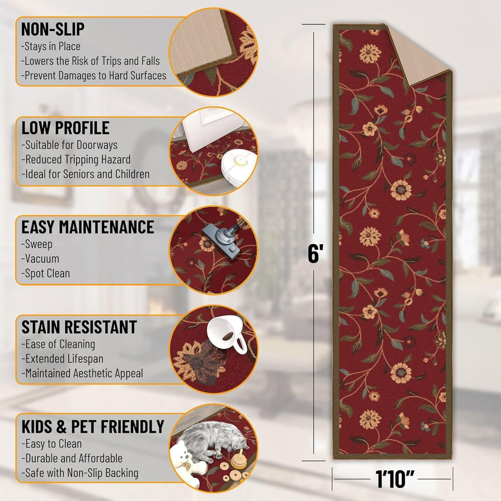 Ottomanson Hallway Runner Rug - Non-Slip Floral Design | Easy to Clean 1'10" x 6' Red Carpet for Entryway & Living Room