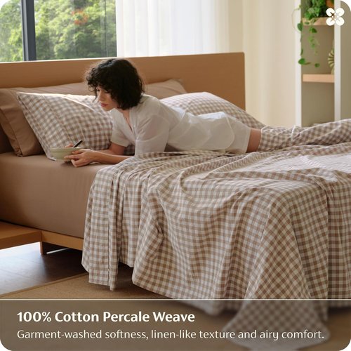 Bedsure 100% Washed Cotton Percale Sheets - Soft Gingham Queen Size Set with 18" Deep Pocket (Brown)