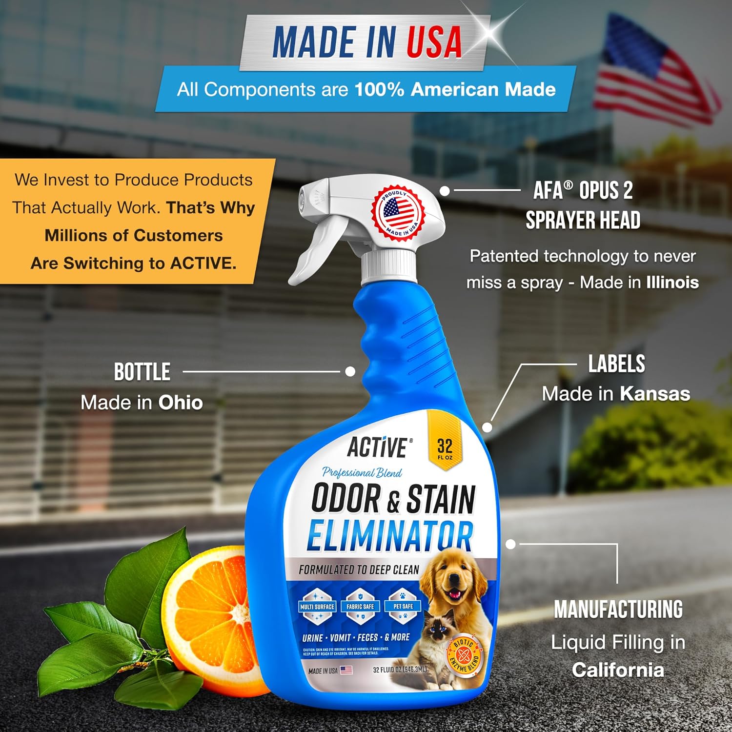 Pet Odor and Stain Eliminator by ACTIVE - 32 oz Enzyme Cleaner for Dog & Cat Urine | Natural Citrus Deodorizer