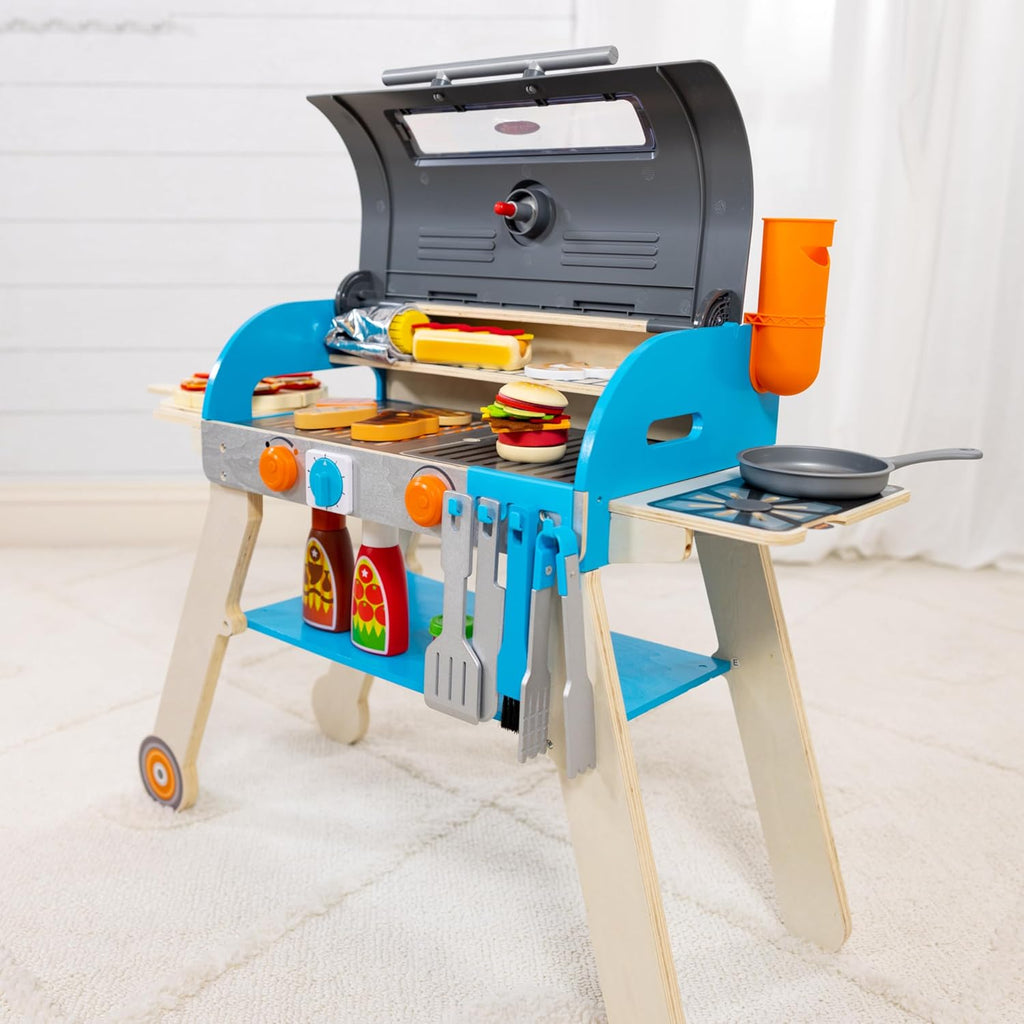 Melissa & Doug Deluxe Wooden Barbecue Grill & Smoker | Kids Play Kitchen Set with Toy Food - FSC Certified