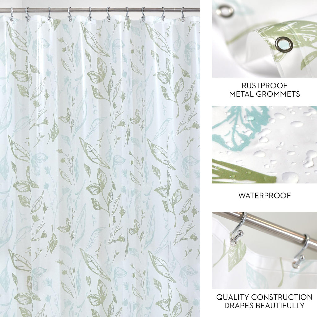 iDesign Leaves PEVA Shower Curtain– Water Resistant Bathroom Shower Curtain - 12 Rust Resistant Metal Grommets for Shower/Tub – Perfect for Master/Guest Bathroom - 72" x 72" – Blue Green/Frost