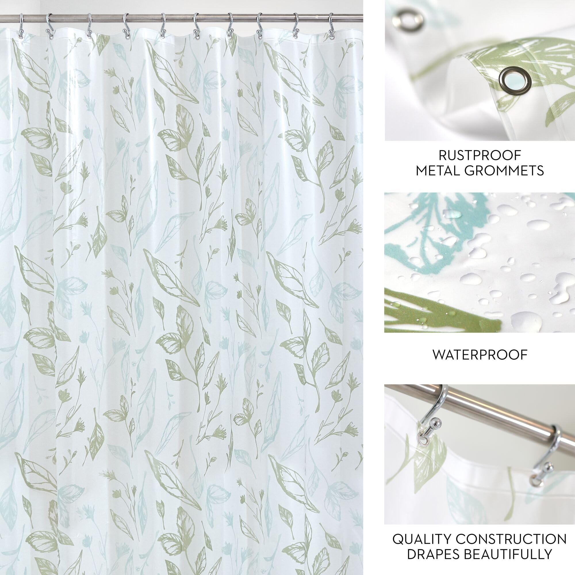 iDesign Leaves PEVA Shower Curtain– Water Resistant Bathroom Shower Curtain - 12 Rust Resistant Metal Grommets for Shower/Tub – Perfect for Master/Guest Bathroom - 72" x 72" – Blue Green/Frost