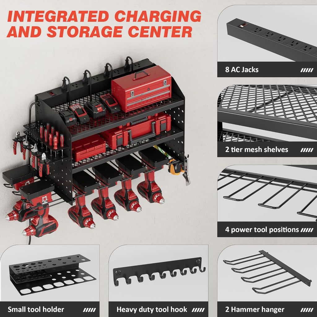 Power Tool Organizer - Wall Mount Charging Station with 8 Outlets | Heavy-Duty Metal Rack, 23-Inch 3-Tier Shelves for Garage & Workshop Storage