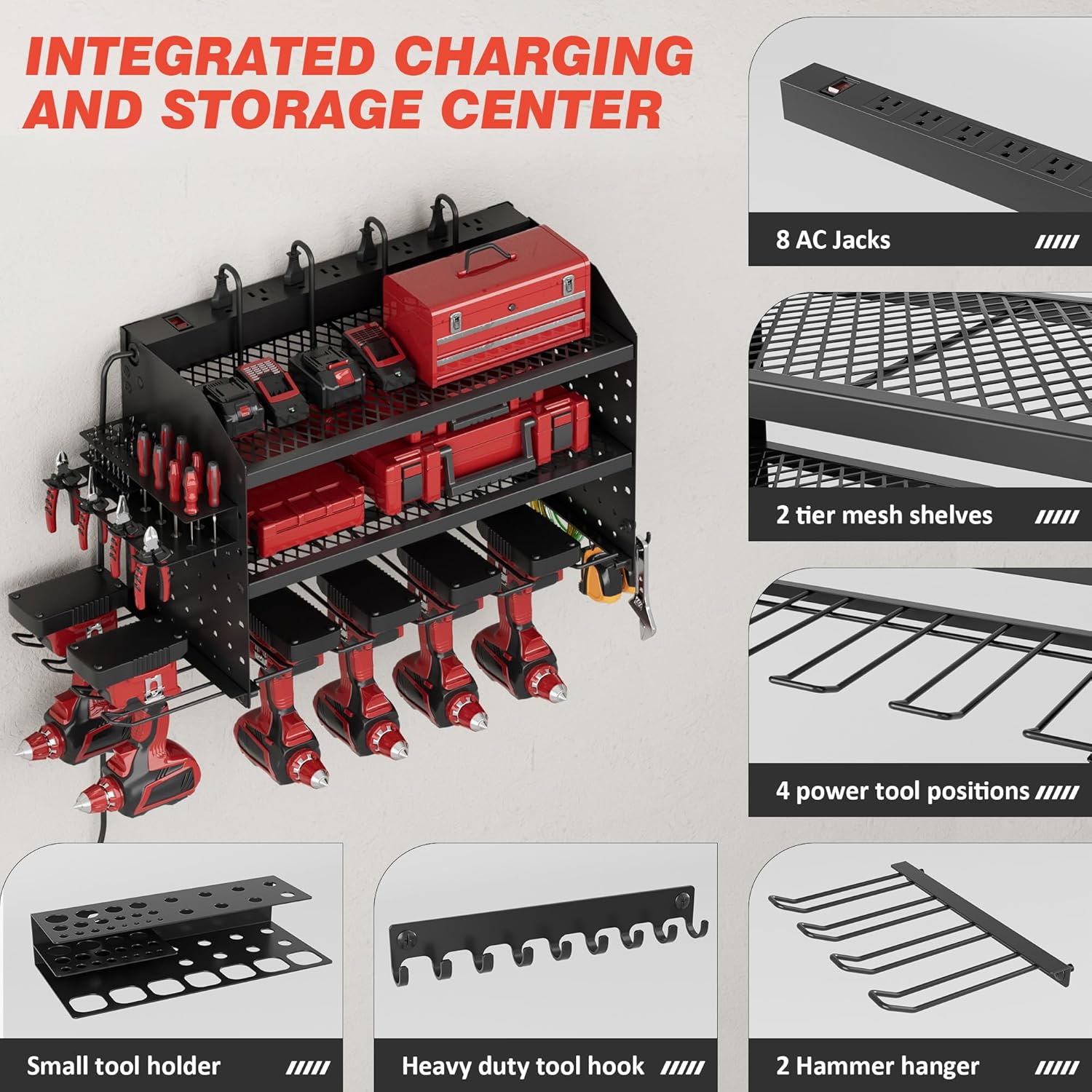Power Tool Organizer - Wall Mount Charging Station with 8 Outlets | Heavy-Duty Metal Rack, 23-Inch 3-Tier Shelves for Garage & Workshop Storage