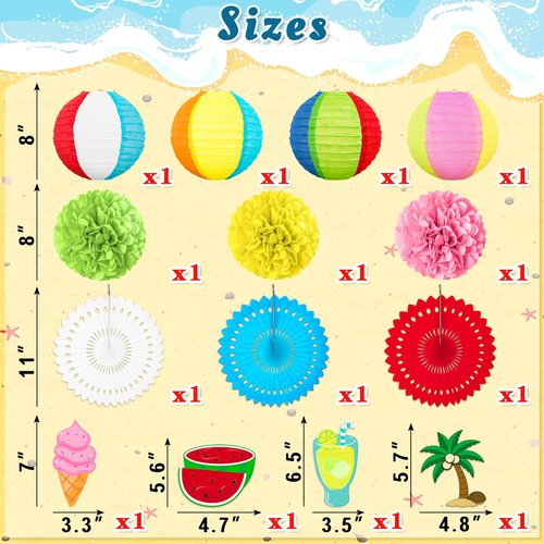 Renbuzhu 14Pcs Beach Party Decorations Paper Lanterns Fans Pom Poms Hanging Swirls - Luau Pool Summer Hawaiian Tropical Themed Decor for Home Birthday Outdoor Indoor